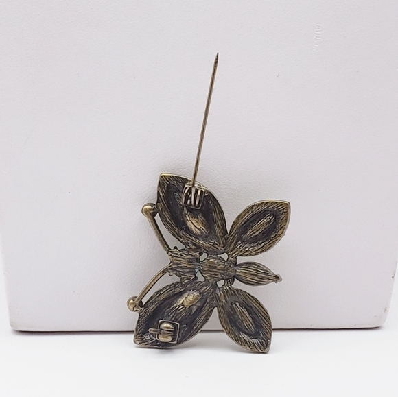 Green Bejeweled Rhinestone Buterfly Brooch Bronze Tone - Picture 7 of 10
